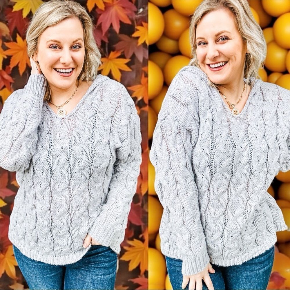 Gray Cable-Knit Hooded Sweater NWT - Woven Right - Picture 2 of 15